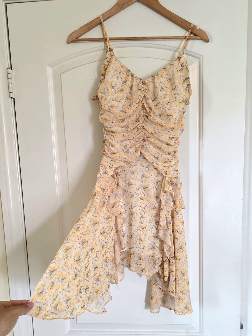 Yellow Floral Mini Dress Asymmetrical Ruffle Hem Strappy Ruched Coquette Y2k